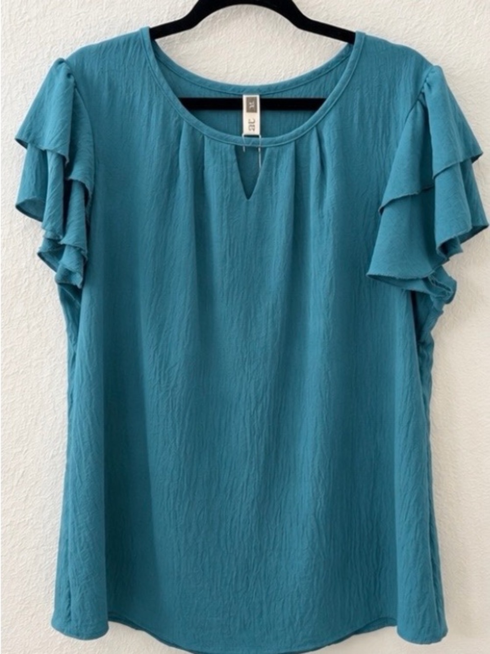 Teal Blue XL Flutter Sleeve Blouse Textured Keyhole To